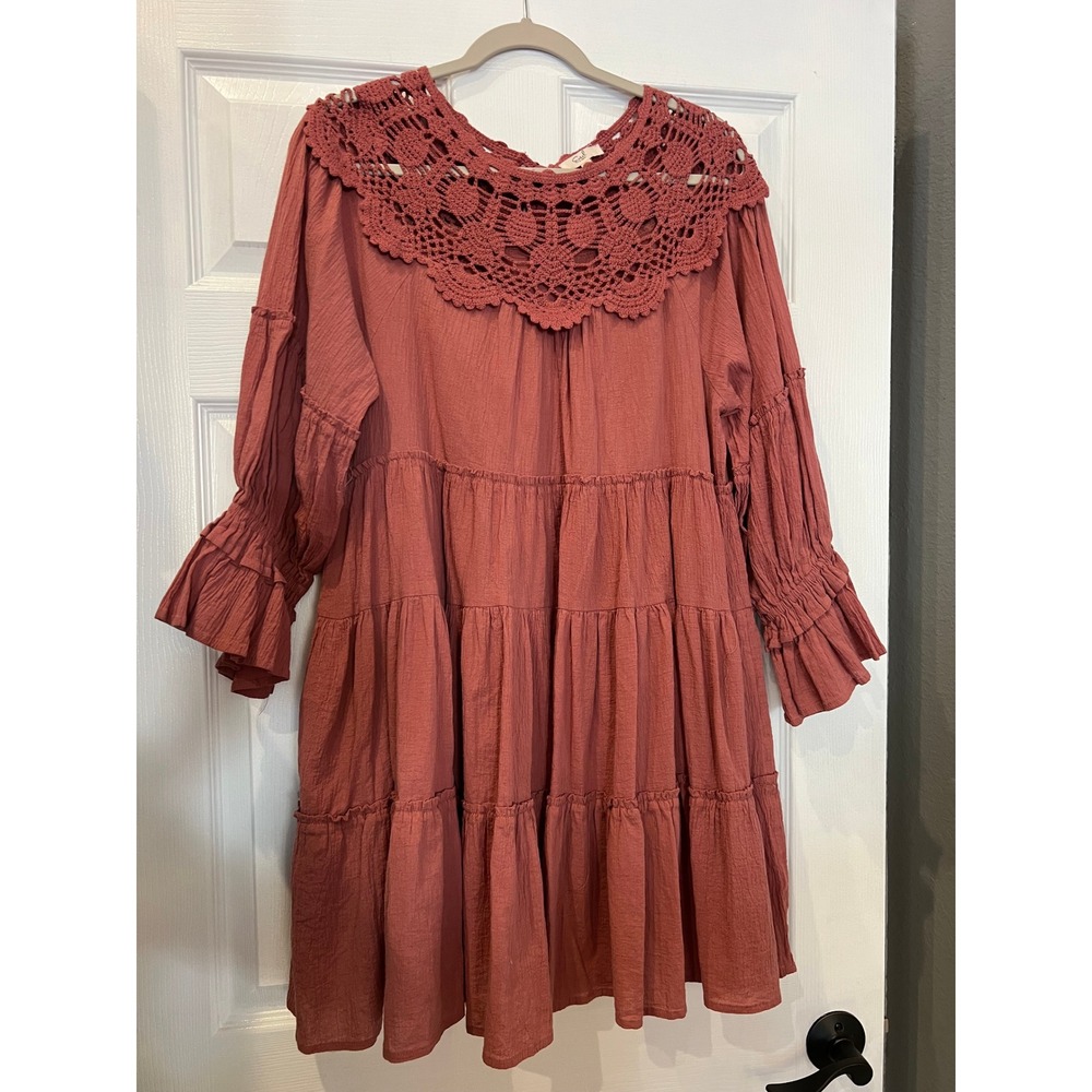 Easel Babydoll Dress 100% Cotton Crinkle Terracotta Crochet Lace Boho Tiered
